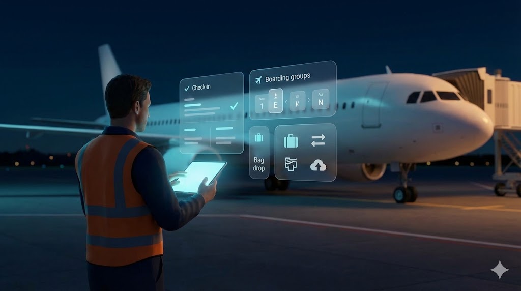 Aviation professional using tablet with holographic UI for check-in and boarding operations on airport tarmac